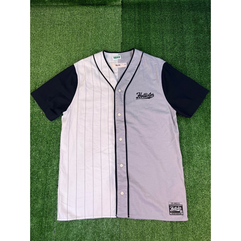 Hollister Mens Baseball Jersey Colorblock Pinstripe Grey White Navy Blue Size M